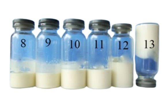 За рахунок високої концентрації ефірної олії в композиції >=75% , композиція втрачає здатність до текучості та перетворюється в пасту. Для ілюстрації такого ефекту, баночку 13, на рисунку, перевернуто.